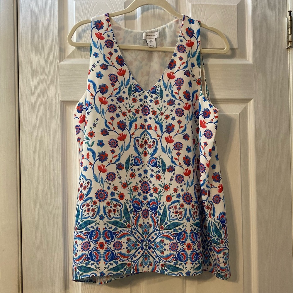 VGUC Adrienne Vittadini Floral V-Neck Sleeveless Blouse Size L Red, Blue, White